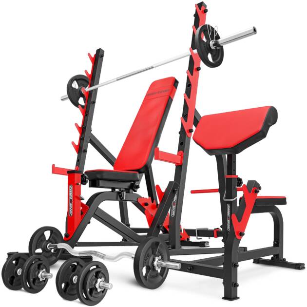 zestaw ms6_161kg_kier | ławka dwustronna + stojaki bramowe + modlitewnik + zestaw gryfów i obciążeń - marbo sport