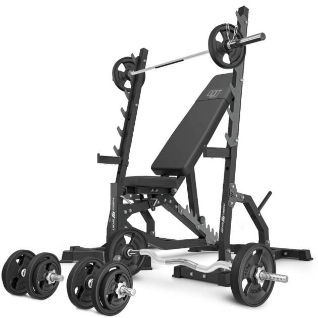 zestaw ms8_2.0_83kg_g | dwustronnie regulowana ławka treningowa + wielopoziomowe stojaki (2 sztuki) + zestaw gryfów i obciążeń gumowanych 83 kg - marbo sport
