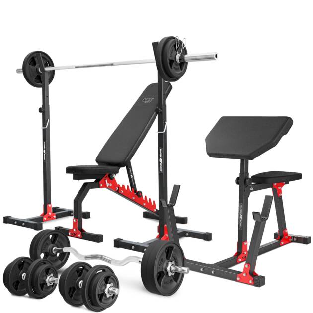 zestaw mh9_151kg_kier_g | ławka dwustronna + stojaki regulowane + ławka scotta + zestaw gryfów i obciążeń gumowanych - marbo sport
