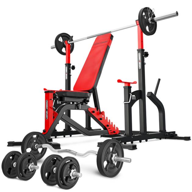 zestaw ms2_140kg_kier_g | ławka dwustronna + stojaki regulowane + zestaw gryfów i obciążeń gumowanych - marbo sport