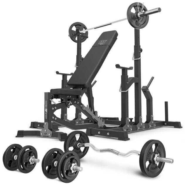 zestaw ms11_2.0_83kg | dwustronnie regulowana ławka treningowa + stojaki regulowane + zestaw gryfów i obciążeń 83 kg - marbo sport