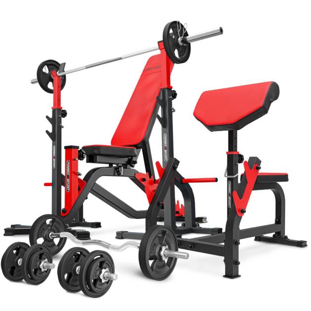 zestaw ms33_146kg_kier_g | ławka dwustronna + stojaki z asekuracją + modlitewnik + zestaw gryfów i obciążeń gumowanych - marbo sport