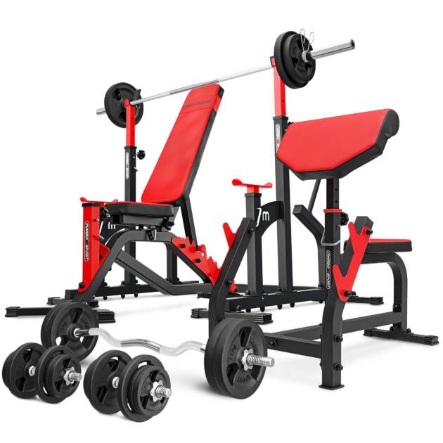 zestaw ms5_191kg_kier | ławka dwustronna + stojaki regulowane + modlitewnik + zestaw gryfów i obciążeń - marbo sport
