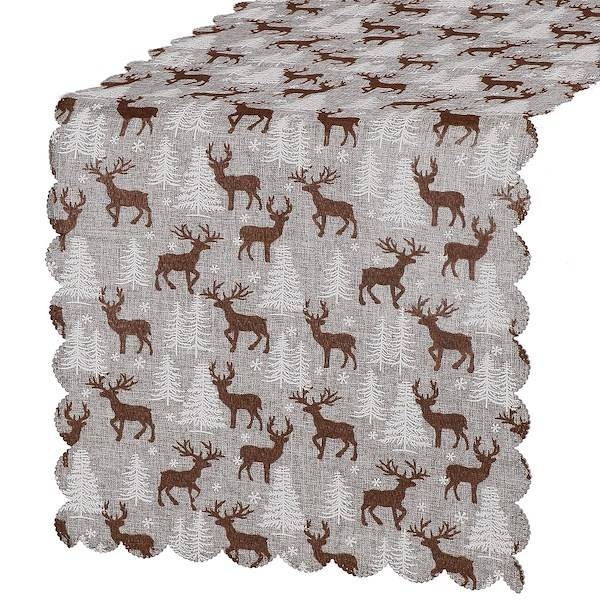 bieżnik na stół świąteczny 186x35cm obrus świąteczny z reniferami i choinkami szary