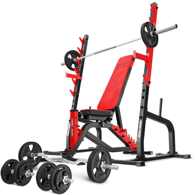 zestaw ms8_136kg_kier_g | ławka dwustronnie regulowana + stojaki wielopoziomowe + zestaw gryfów i obciążeń gumowanych - marbo sport