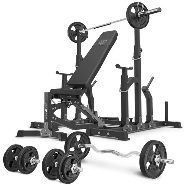 zestaw ms11_2.0_83kg_g | dwustronnie regulowana ławka treningowa + stojaki regulowane + zestaw gryfów i obciążeń gumowanych 83 kg - marbo sport