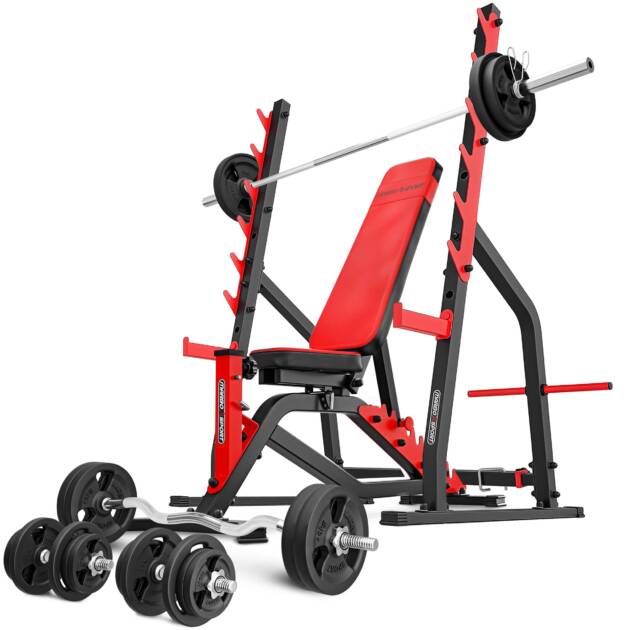 zestaw ms3_170kg_kier | ławka dwustronna + stojaki wielopoziomowe + zestaw gryfów i obciążeń - marbo sport