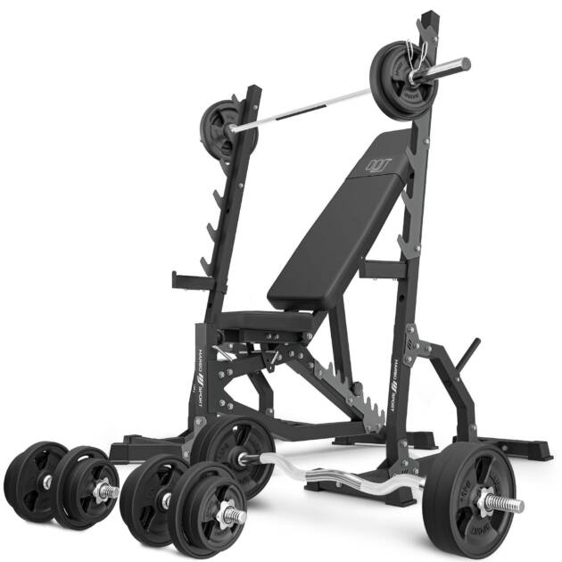 zestaw ms8_2.0_113kg_g | dwustronnie regulowana ławka treningowa + wielopoziomowe stojaki (2 sztuki) + zestaw gryfów i obciążeń gumowanych 113 kg - marbo sport