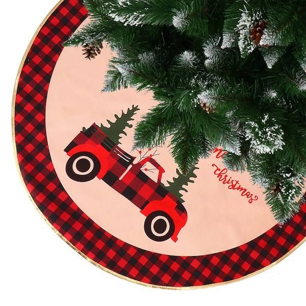 dywanik pod choinkę 91 cm czerwony z samochodem, mata na prezenty merry christmas