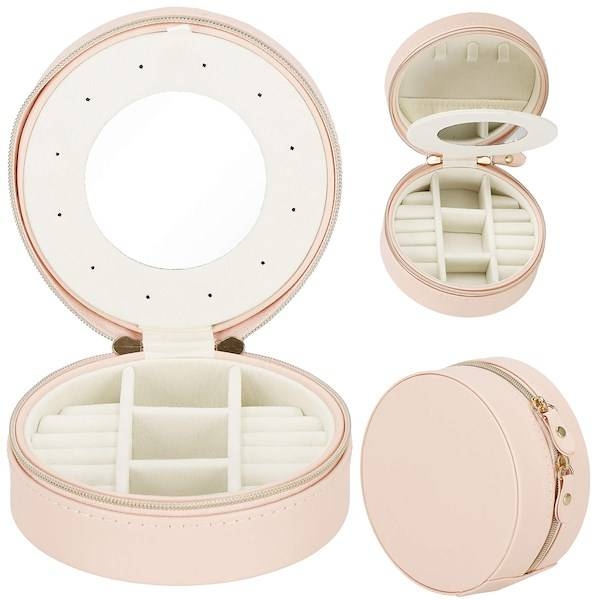 szkatułka na biżuterię okrągła 11x5 cm jasnoróżowy organizer z przegródkami ekoskóra