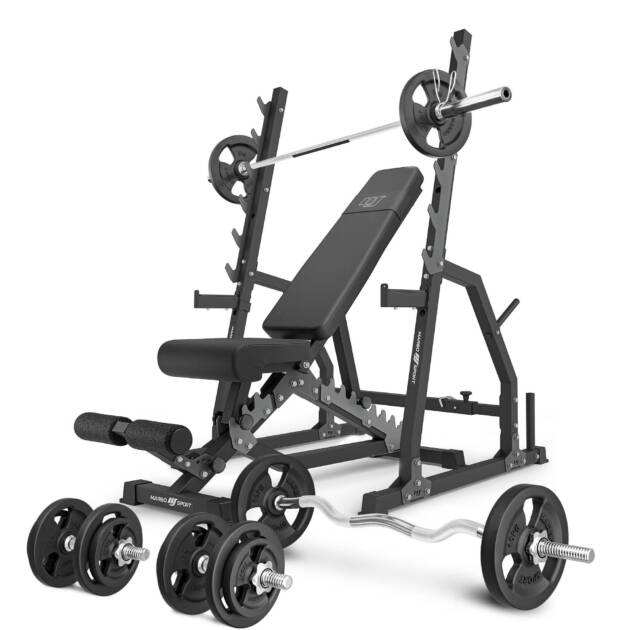 zestaw ms3_2.0_83kg | ławka dwustronna + stojaki bramowe z asekuracją + zestaw gryfów i obciążeń 83 kg - marbo sport