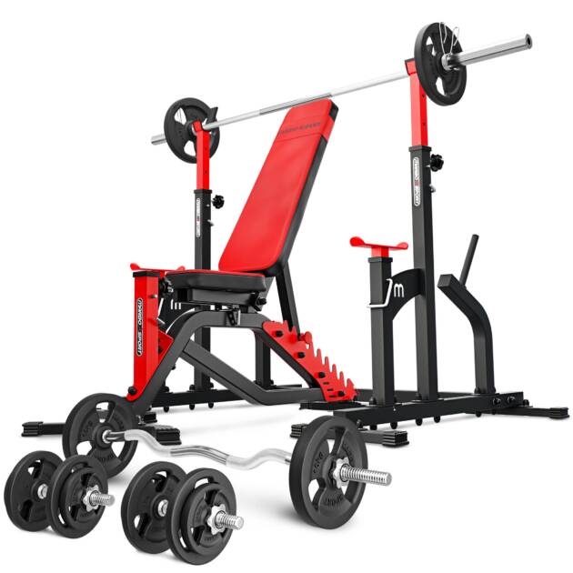 zestaw ms2_140kg_kier | ławka dwustronna + stojaki regulowane + zestaw gryfów i obciążeń - marbo sport