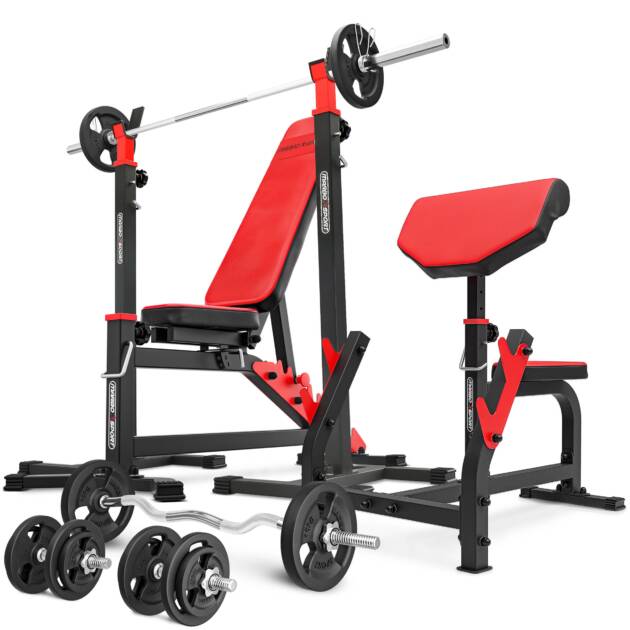 zestaw ms4_142kg_kier | ławka dwustronnie regulowana + stojaki pod sztangę + modlitewnik + zestaw gryfów i obciążeń - marbo sport
