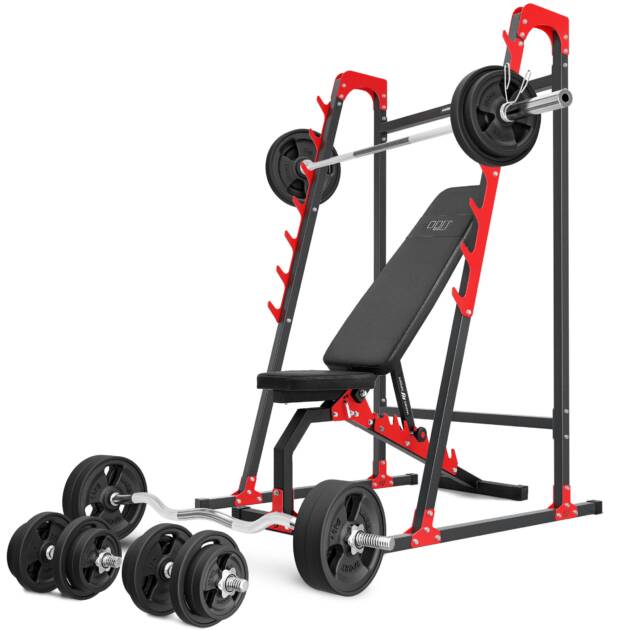 zestaw mh8_155kg_kier_g | ławka dwustronna + stojaki wielopoziomowe + zestaw gryfów i obciążeń gumowanych - marbo sport