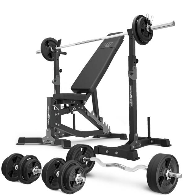 zestaw ms30_2.0_113kg_g | dwustronnie regulowana ławka treningowa + wielopoziomowe stojaki (2 sztuki) pod sztangę z asekuracją + zestaw gryfów i obciążeń gumowanych 113 kg - marbo sport