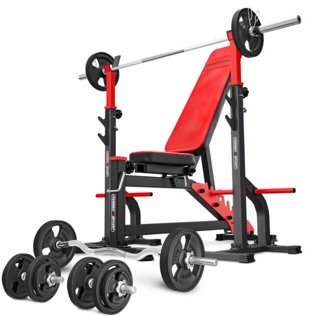 zestaw ms30_125kg_kier_g | ławka dwustronnie regulowana + stojaki regulowane + zestaw gryfów i obciążeń gumowanych - marbo sport