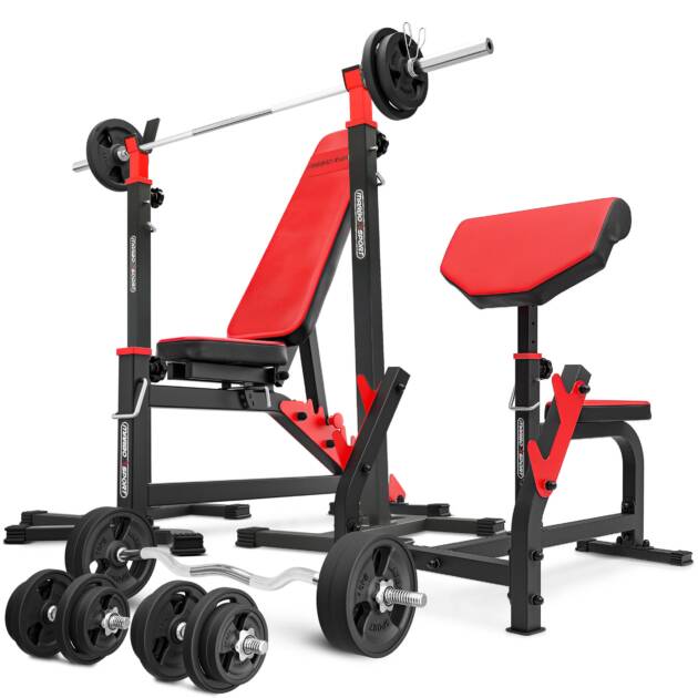 zestaw ms4_172kg_kier_g | ławka dwustronnie regulowana + stojaki pod sztangę + modlitewnik + zestaw gryfów i obciążeń gumowanych - marbo sport