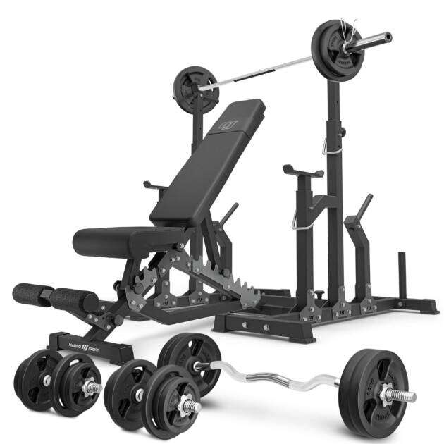 zestaw ms2_2.0_113kg | ławka dwustronna + stojaki regulowane + zestaw gryfów i obciążeń 113 kg - marbo sport