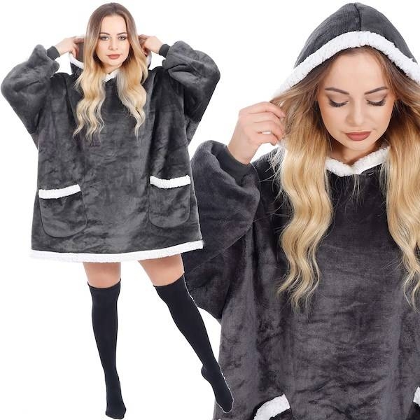 kocobluza damska oversize koc bluza 2w1 z kapturem ciepła grafitowa