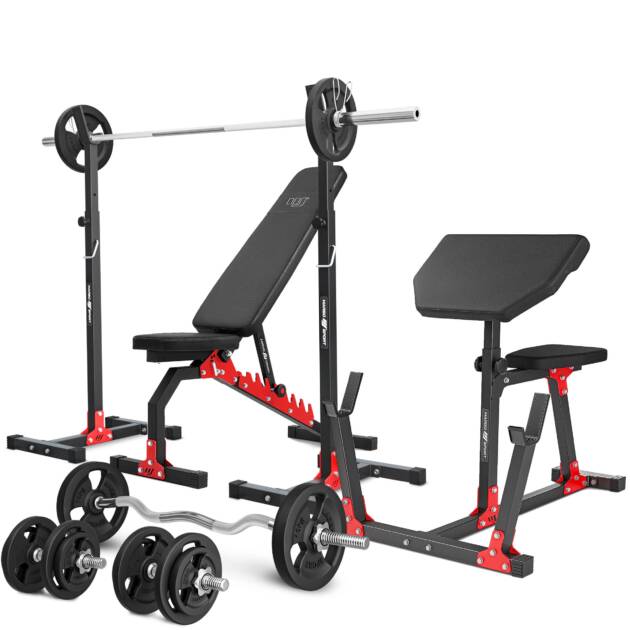 zestaw mh9_121kg_kier | ławka dwustronna + stojaki regulowane + ławka scotta + zestaw gryfów i obciążeń - marbo sport