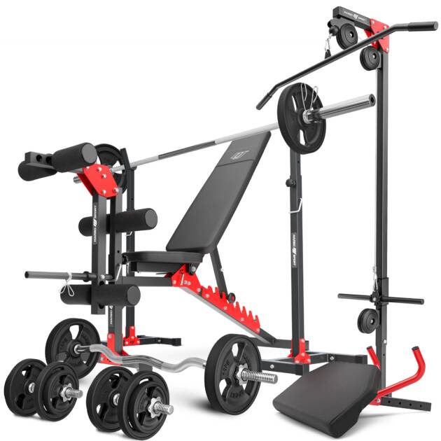 zestaw mh25_132kg_kier_g | ławka + stojaki + prasa na nogi + wyciąg + modlitewnik (wsuwka) + zestaw gryfów i obciążeń gumowanych 83 kg - marbo sport