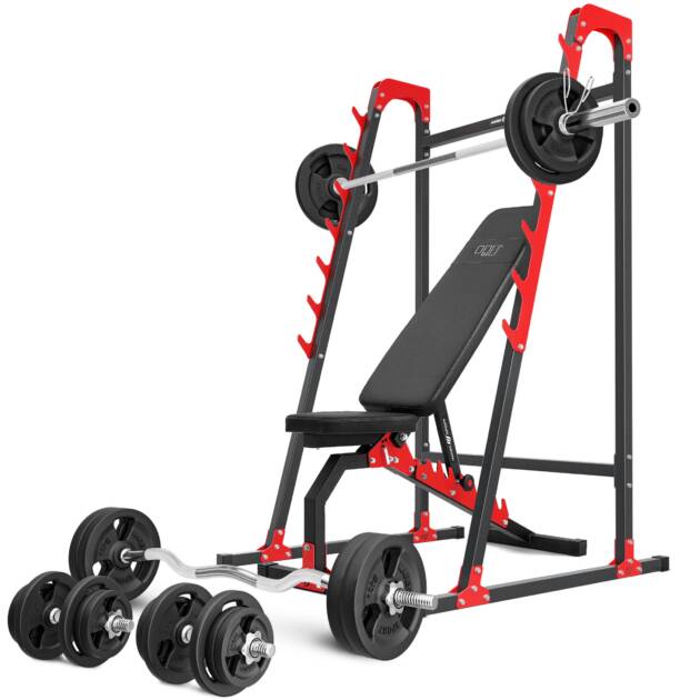 zestaw mh8_155kg_kier | ławka dwustronna + stojaki wielopoziomowe + zestaw gryfów i obciążeń - marbo sport