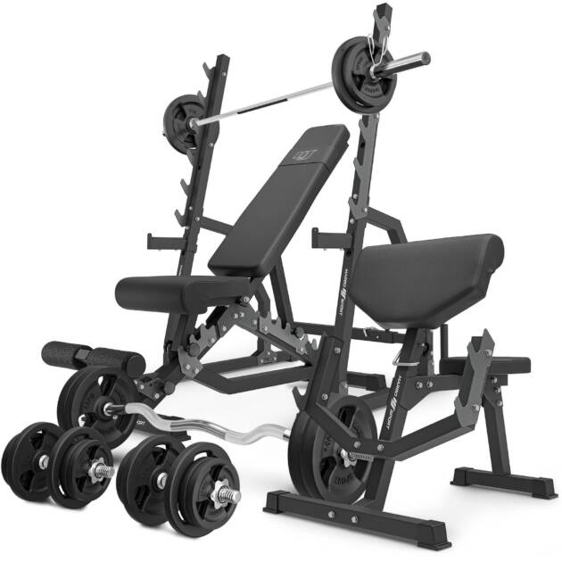 zestaw ms6_2.0_113kg | ławka dwustronna + stojaki bramowe + ławka scotta (modlitewnik) z regulacją podparcia + zestaw gryfów i obciążeń 113 kg - marbo sport
