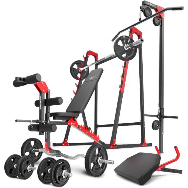zestaw mh26_147kg_kier_g | ławka + stojaki + prasa na nogi + wyciąg + modlitewnik (wsuwka) + zestaw gryfów i obciążeń gumowanych 83 kg - marbo sport