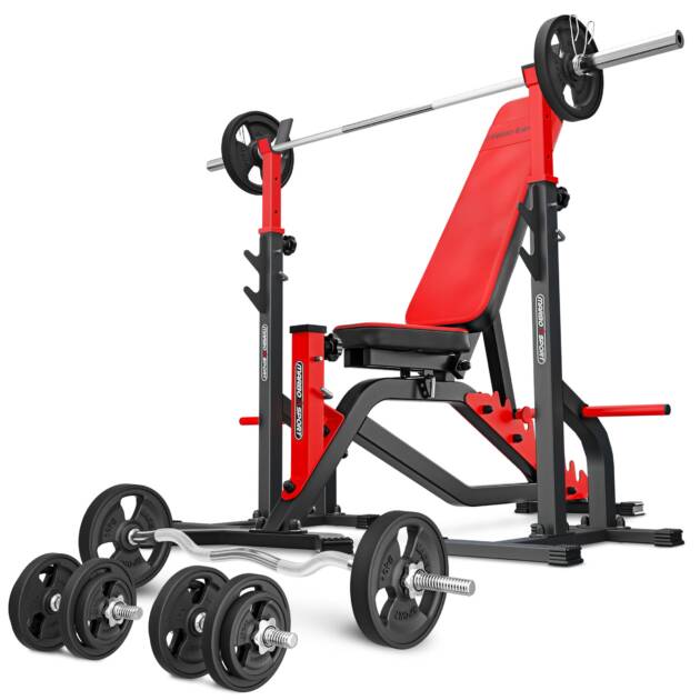 zestaw ms34_125kg_kier_g | ławka dwustronna + stojaki regulowane + zestaw gryfów i obciążeń gumowanych - marbo sport