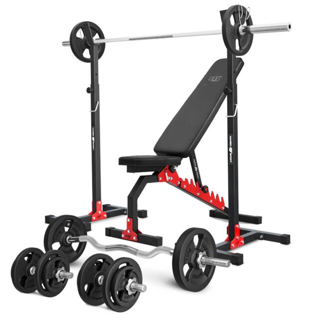 zestaw mh7_110kg_kier | ławka dwustronna + stojaki regulowane + zestaw gryfów i obciążeń - marbo sport