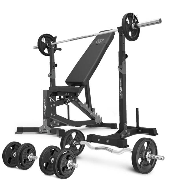 zestaw ms30_2.0_83kg_g | dwustronnie regulowana ławka treningowa + wielopoziomowe stojaki (2 sztuki) pod sztangę z asekuracją + zestaw gryfów i obciążeń gumowanych 83 kg - marbo sport