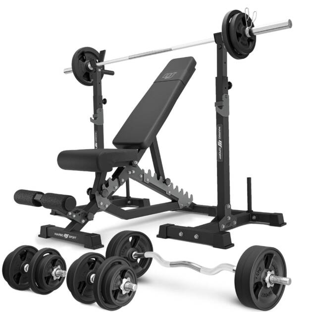 zestaw ms34_2.0_113kg_g | ławka dwustronna + wielopoziomowe stojaki (2 sztuki) pod sztangę z asekuracją + zestaw gryfów i obciążeń gumowanych 113 kg - marbo sport
