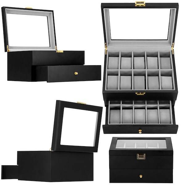 szkatułka na zegarki 29x21,5x16 cm czarno-szary organizer z 20 przegródkami