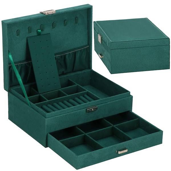 szkatułka na biżuterię 27x19x10,5 cm zielony, welurowy organizer z przegródkami