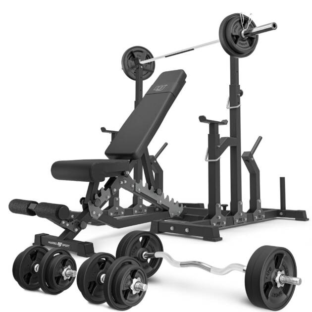 zestaw ms2_2.0_113kg_g | ławka dwustronna + stojaki regulowane + zestaw gryfów i obciążeń gumowanych 113 kg- marbo sport