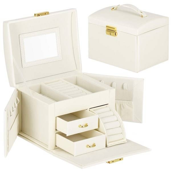 szkatułka na biżuterię ekoskóra 17,5x12x13,5 cm kremowy organizer z przegródkami