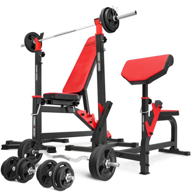 zestaw ms4_172kg_kier | ławka dwustronnie regulowana + stojaki pod sztangę + modlitewnik + zestaw gryfów i obciążeń - marbo sport