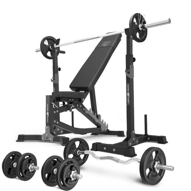 zestaw ms30_2.0_83kg | dwustronnie regulowana ławka treningowa + wielopoziomowe stojaki (2 sztuki) pod sztangę z asekuracją + zestaw gryfów i obciążeń 83 kg - marbo sport