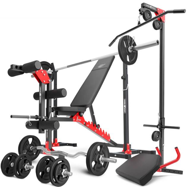 zestaw mh25_132kg_kier | ławka regulowana + stojaki regulowane + prasa na nogi + wyciąg + modlitewnik (wsuwka) + zestaw gryfów i obciążeń 83 kg - marbo sport