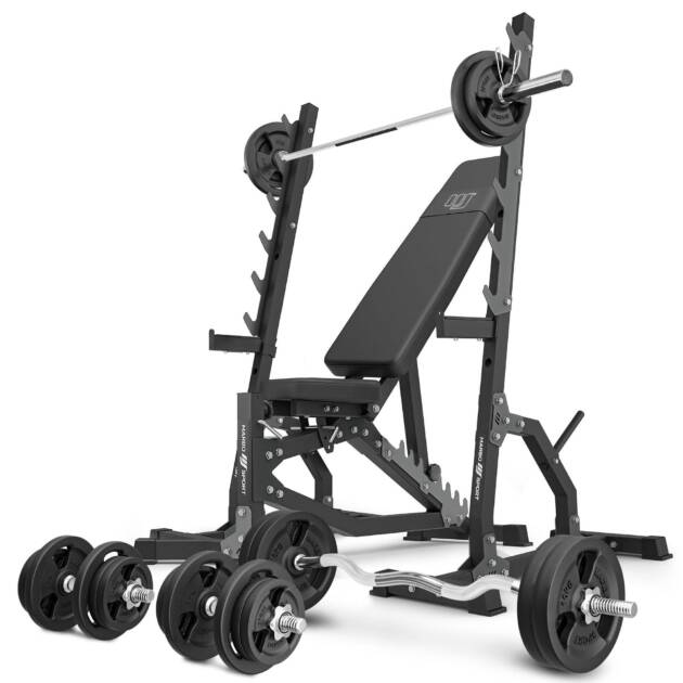 zestaw ms8_2.0_113kg | dwustronnie regulowana ławka treningowa + wielopoziomowe stojaki (2 sztuki) + zestaw gryfów i obciążeń 113 kg - marbo sport