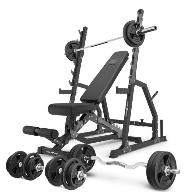 zestaw ms3_2.0_113kg | ławka dwustronna + stojaki bramowe z asekuracją + zestaw gryfów i obciążeń 113 kg - marbo sport