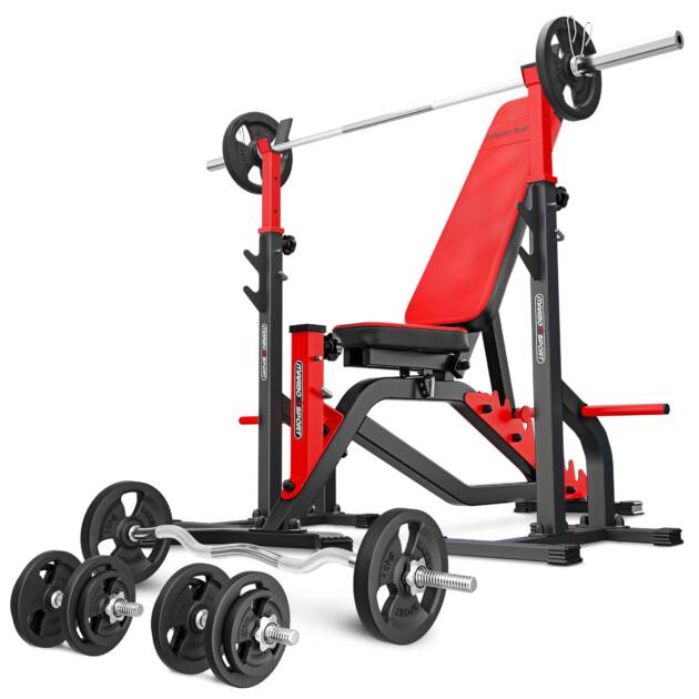 zestaw ms34_125kg_kier | ławka dwustronna + stojaki regulowane + zestaw gryfów i obciążeń - marbo sport