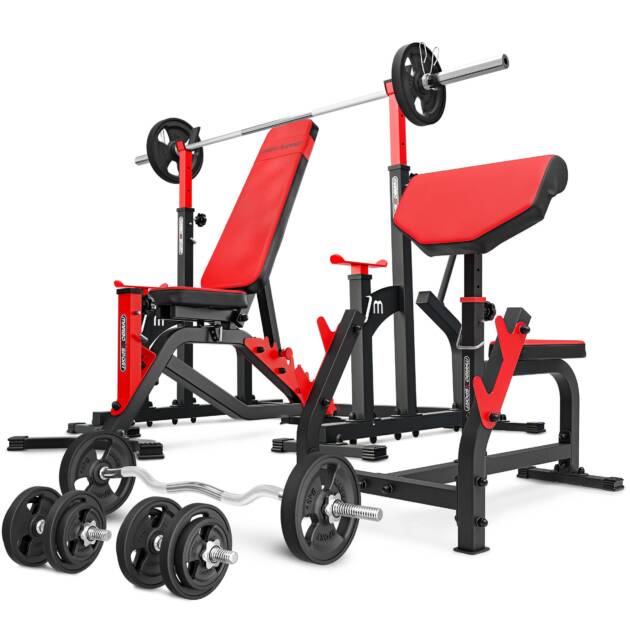 zestaw ms5_161kg_kier_g | ławka dwustronna + stojaki regulowane + modlitewnik + zestaw gryfów i obciążeń gumowanych - marbo sport