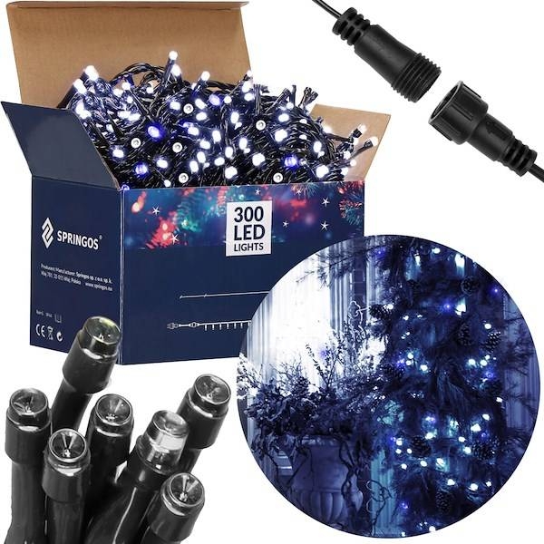 lampki choinkowe 300 led zimny biały, flash niebieski 24m oświetlenie świąteczne ip44