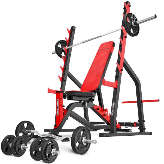 zestaw ms3_140kg_kier_g | ławka dwustronna + stojaki wielopoziomowe + zestaw gryfów i obciążeń gumowanych - marbo sport
