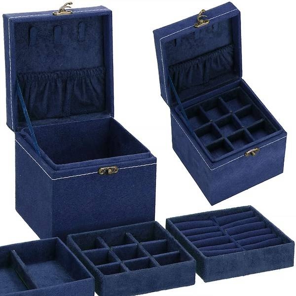 szkatułka na biżuterię ekoskóra 12x12x12 cm granatowy, welurowy organizer z przegródkami