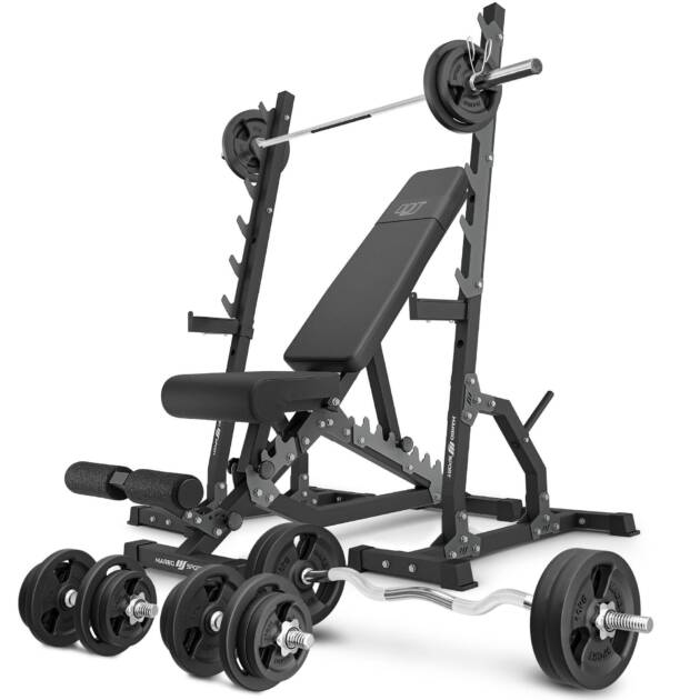 zestaw ms24_2.0_113kg | ławka dwustronna + wielopoziomowe stojaki (2 sztuki) + zestaw gryfów i obciążeń 113 kg - marbo sport