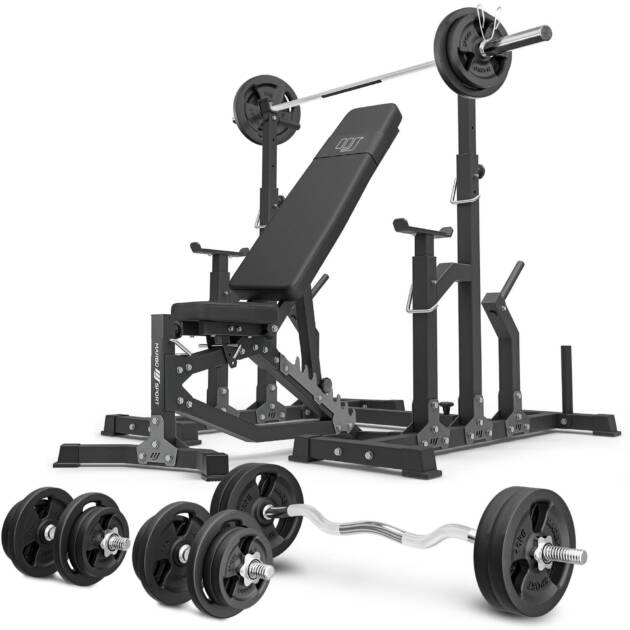 zestaw ms11_2.0_113kg | dwustronnie regulowana ławka treningowa + stojaki regulowane + zestaw gryfów i obciążeń 113 kg - marbo sport