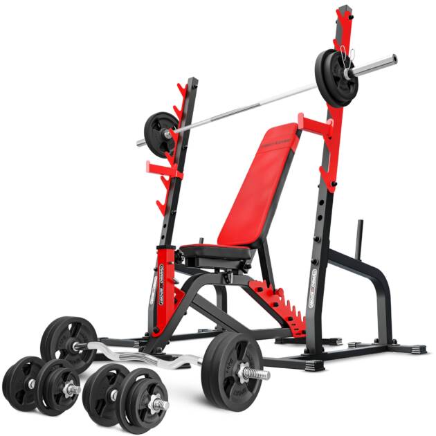 zestaw ms8_166kg_kier | ławka dwustronnie regulowana + stojaki wielopoziomowe + zestaw gryfów i obciążeń - marbo sport