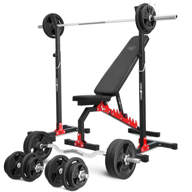zestaw mh7_140kg_kier | ławka dwustronna + stojaki regulowane + zestaw gryfów i obciążeń - marbo sport